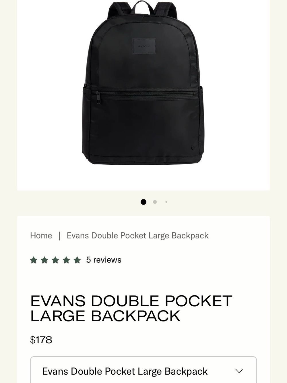 STATE Evans Double Pocket Large Backpack - Black NWT